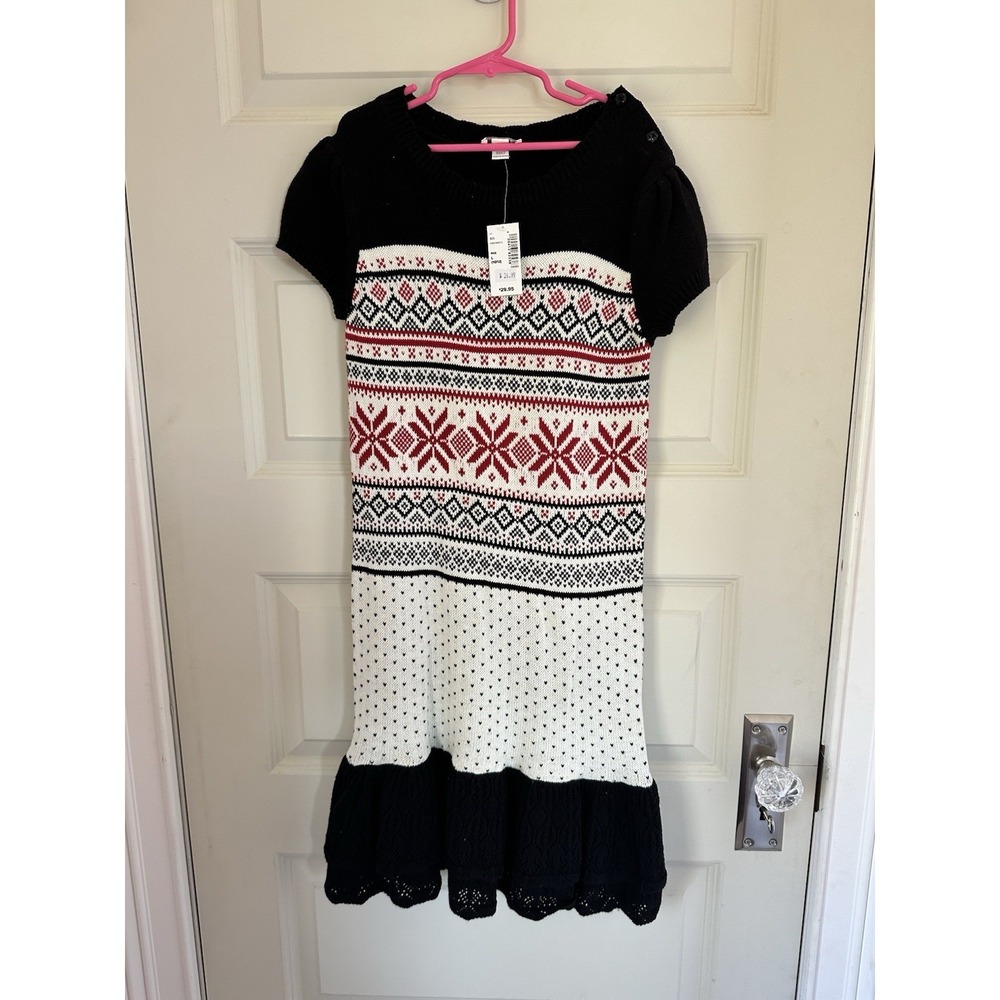 NWT CHILDREN'S PLACE Girls Black Red White Snowflake‎ Sweater Dress Size L 10-12